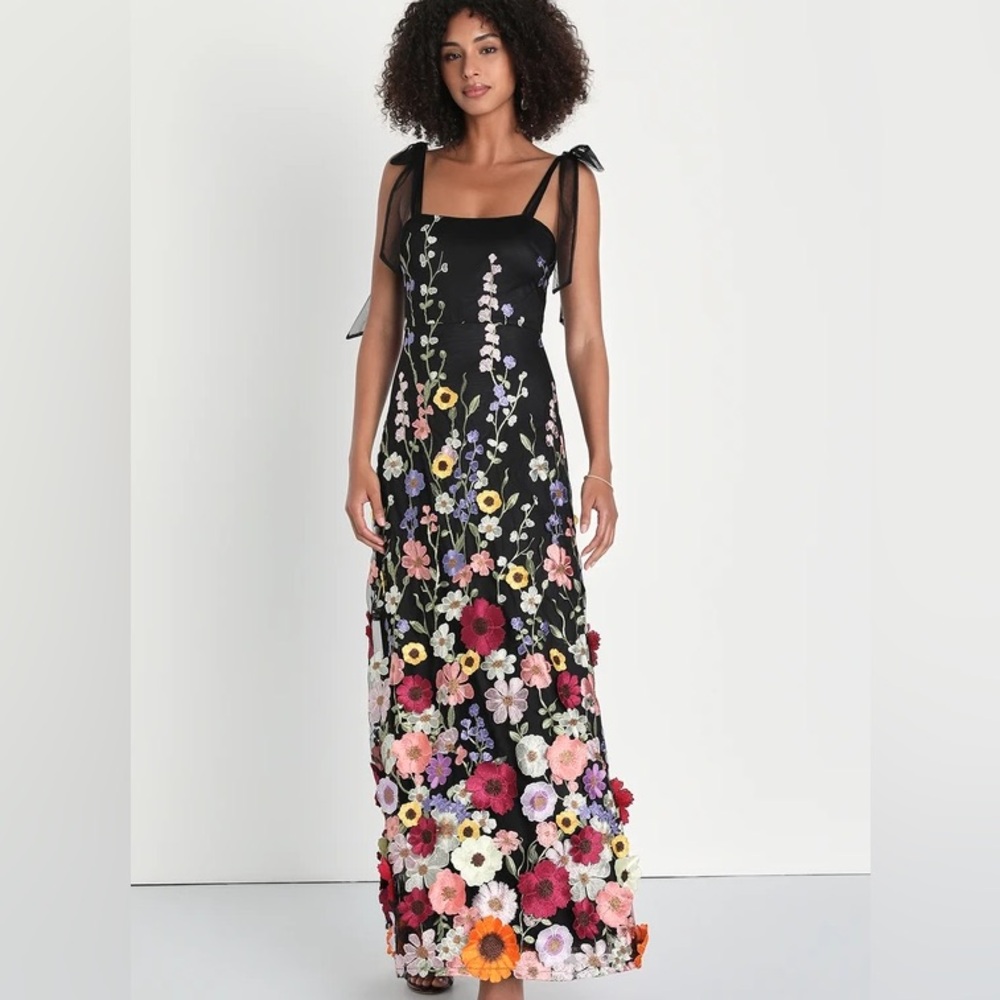 Lulu’s Thriving Poise Black 3D Floral Embroidered Tie-Strap Maxi Dress